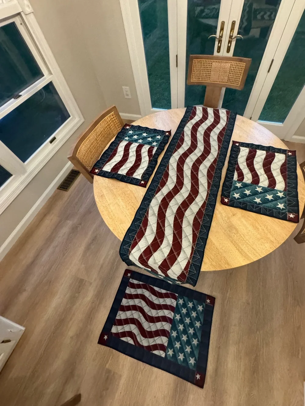 Quilted Table Runner, Rug, and Placemat Set - Red, White & Navy